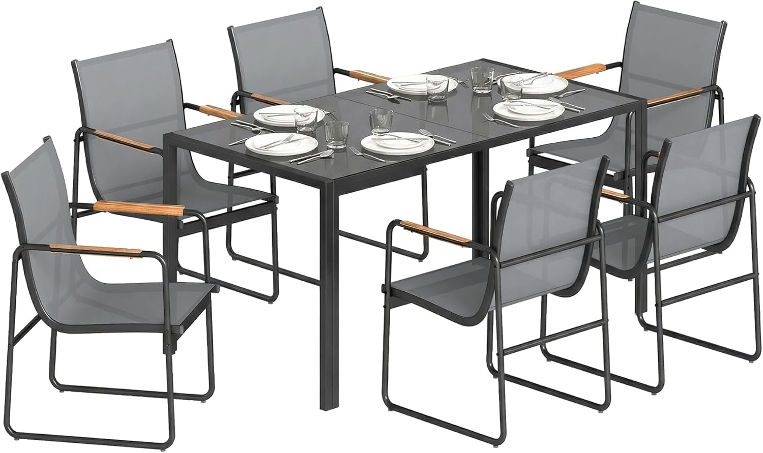 Outsunny - Ensemble salle à manger 6 places - table verre, structure acier - gris