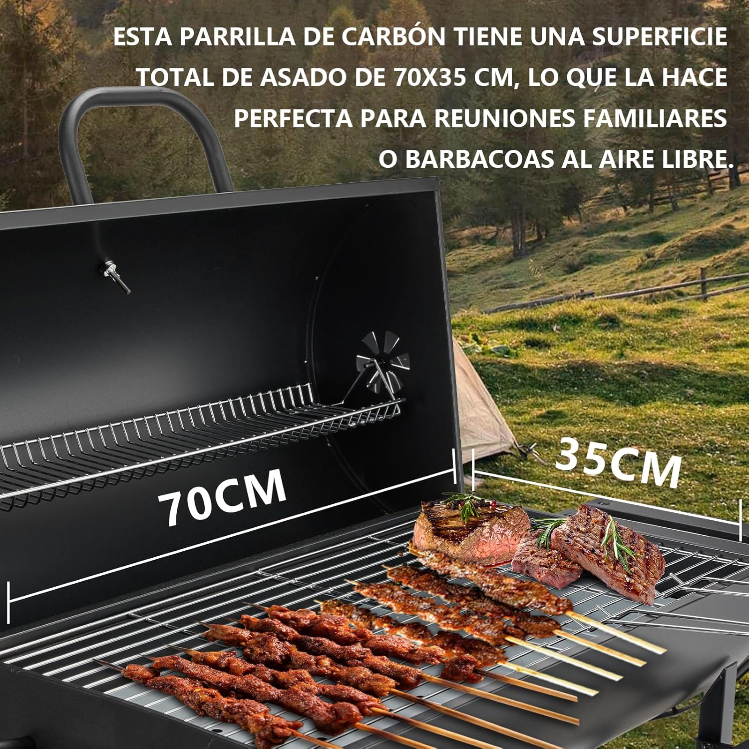 TEENO - barbecue charbon + table pliante 180x74x74 cm - gants inclus