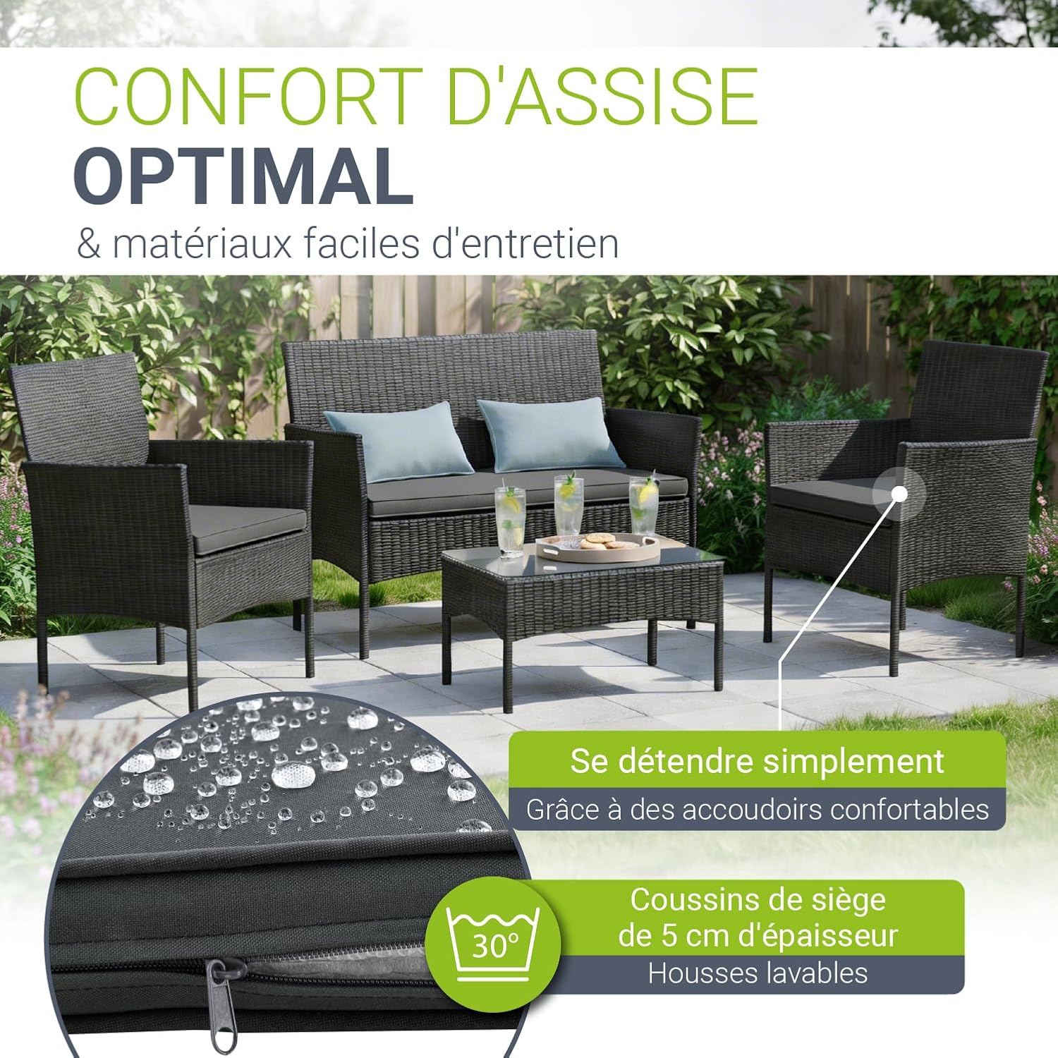 Juskys - Fort Myers salon 4 places - canapé, 2 fauteuils, table, coussins