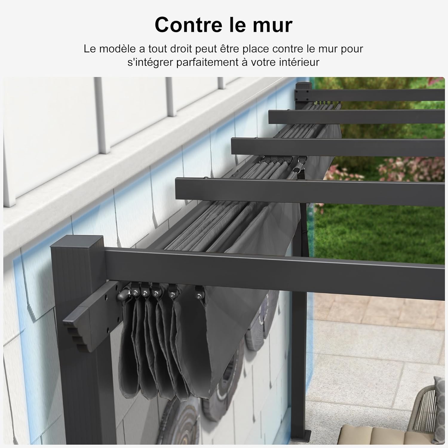 PURPLE LEAF - Pergola murale série aluminium 4x2,7m toit coulissant, tissu teint, gris