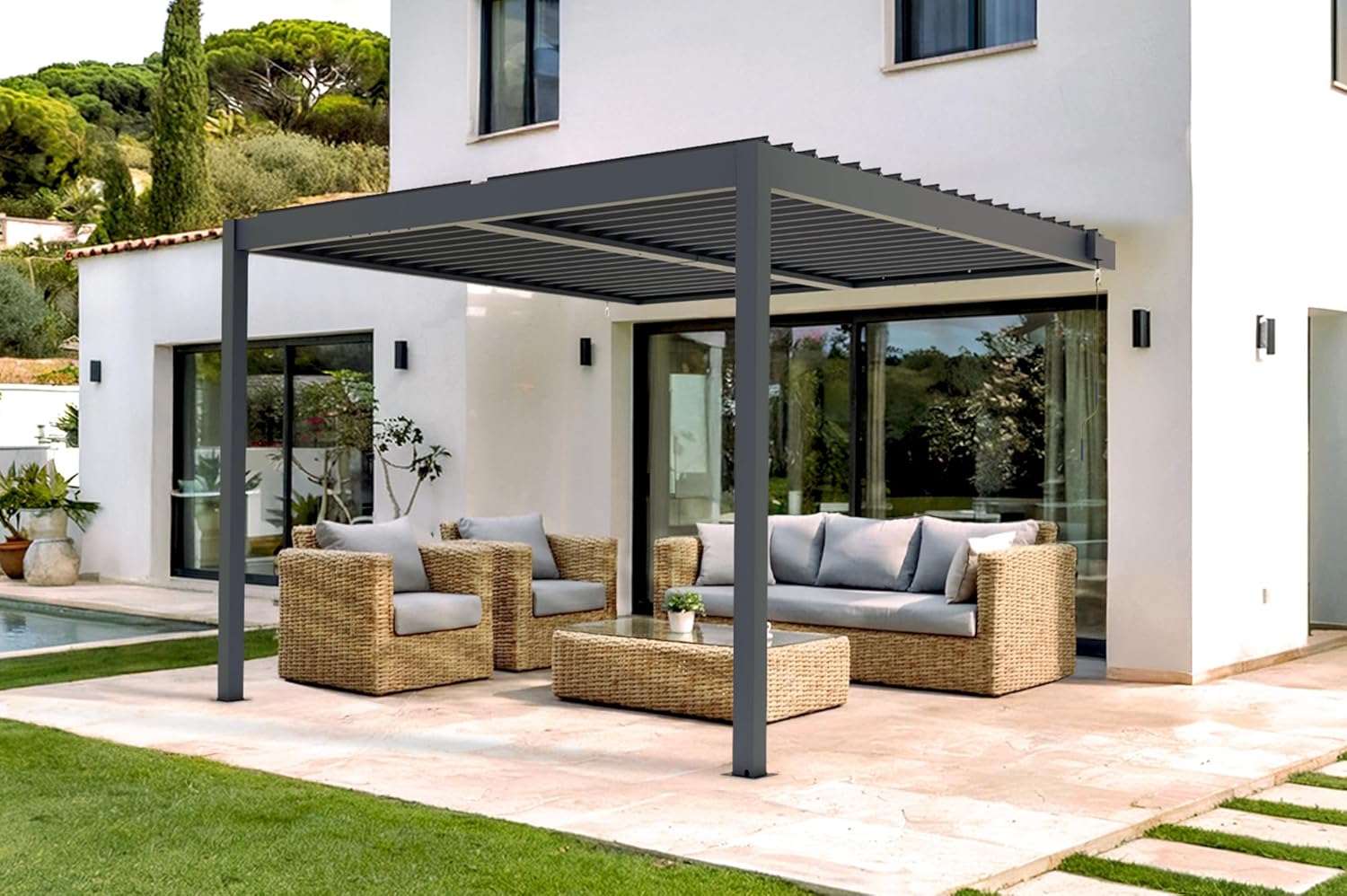 CAZEBOO - Piana - 3x3m pergola adossée aluminium, lames acier, vent/soleil/pluie