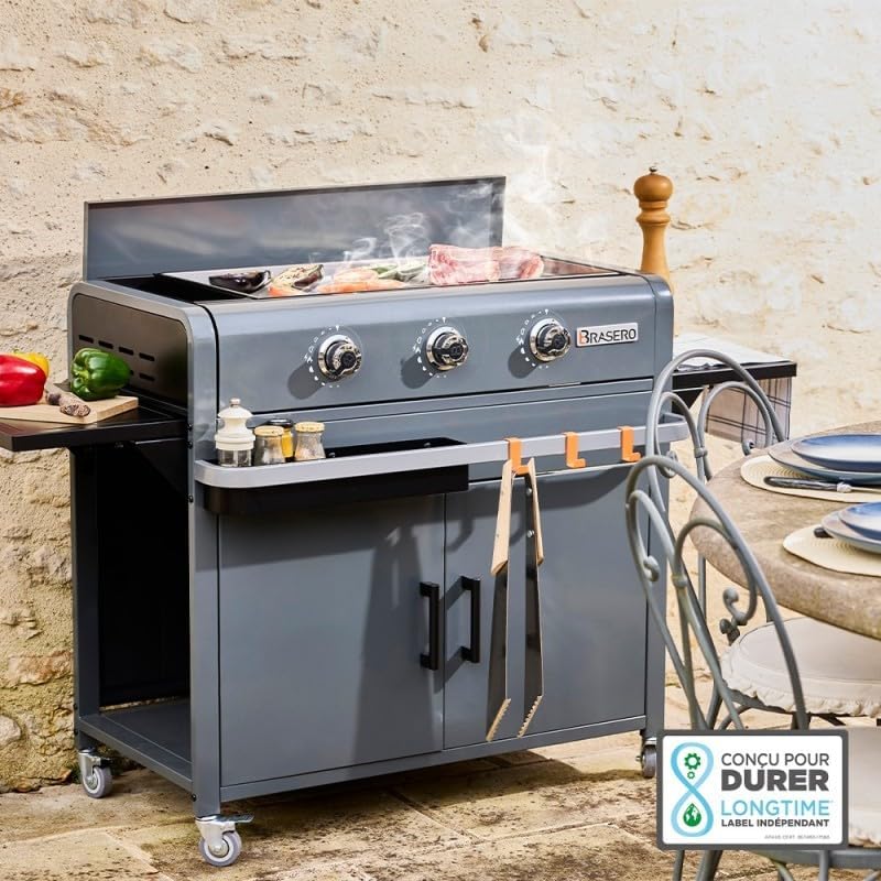 Brasero - Plancha Lola sur chariot - 68,5x35,5 cm - 3 feux gaz, récupérateur graisse, 12 convives, 7,2 kW