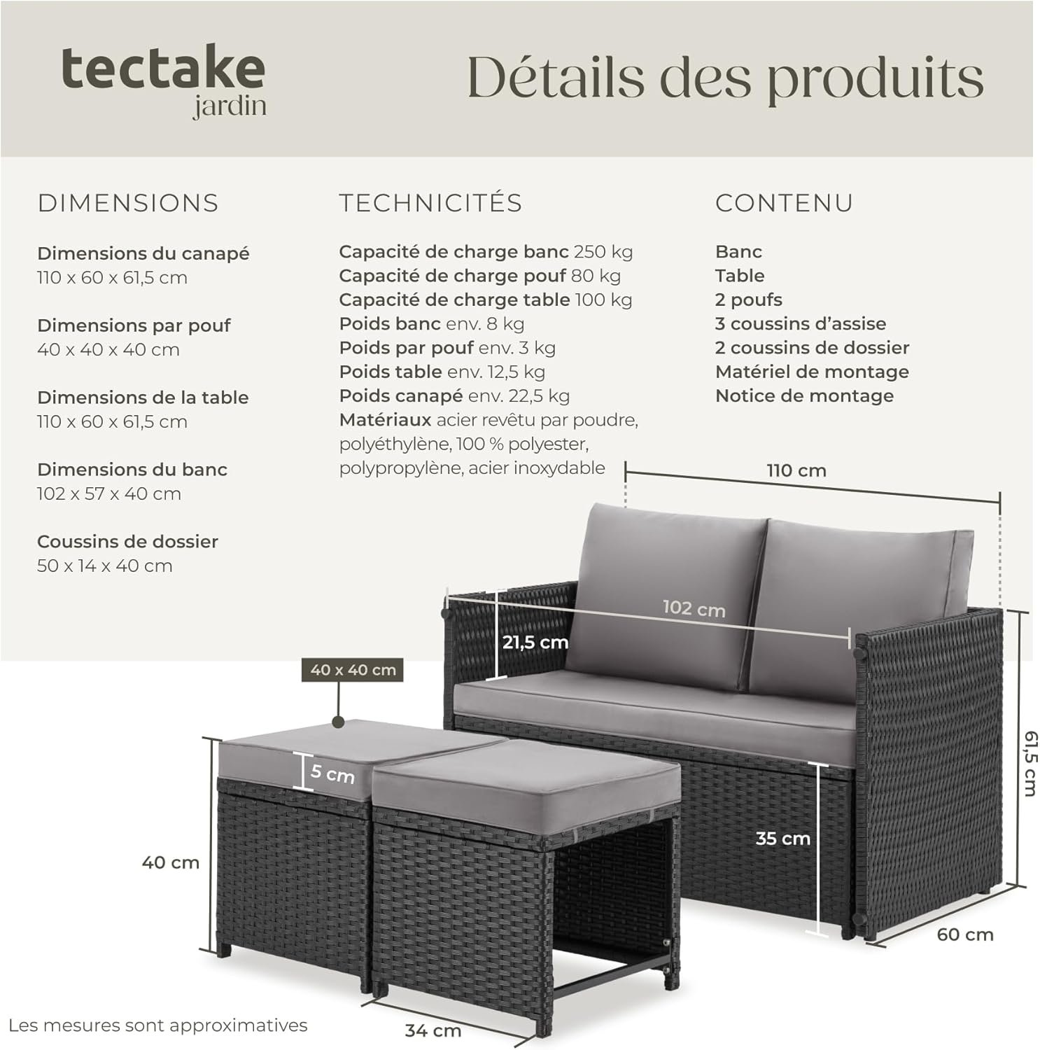 tectake - salon de jardin 2en1 modulable 4 places - table, banc, extérieur