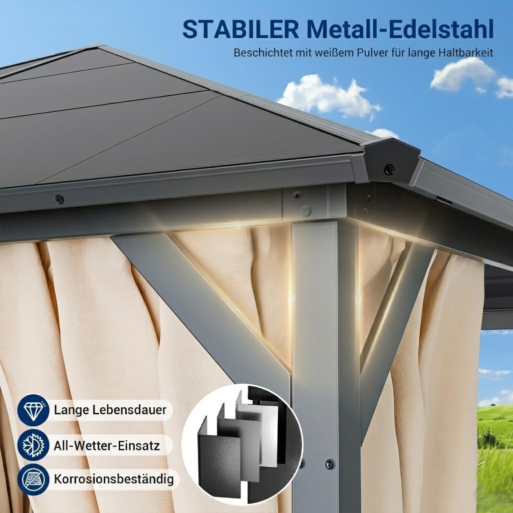 UDPATIO - Tonnelle série imperméable - 3x3m - Toit UV, rideaux, stabilisée, Champagne