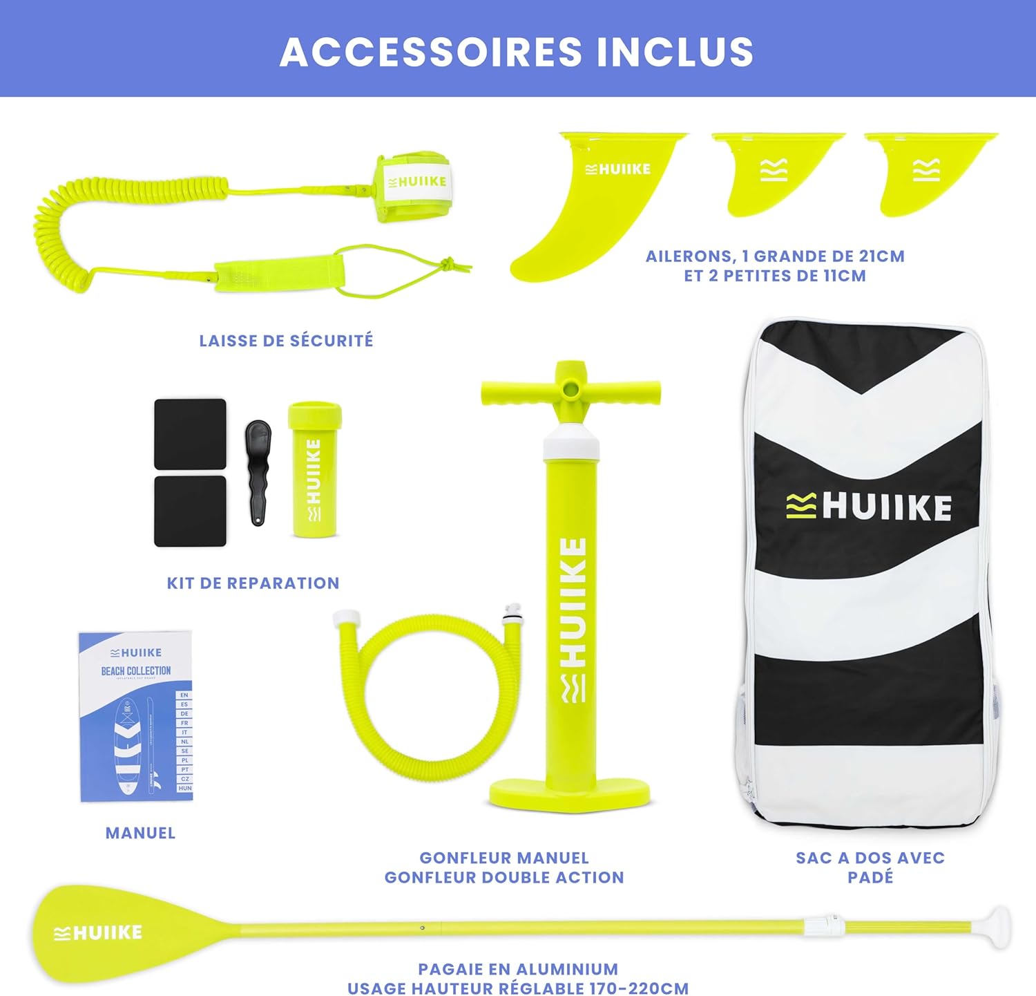 HUIIKE Paddle Gonflable Adulte avec Accessoires Inclus, Pagaie, Ailerons, Pompe. Planche de Stand Up Paddle Grande Stabilité et Résistance. 305 x 84 x 15 cm, Jusqu'à 130 kg