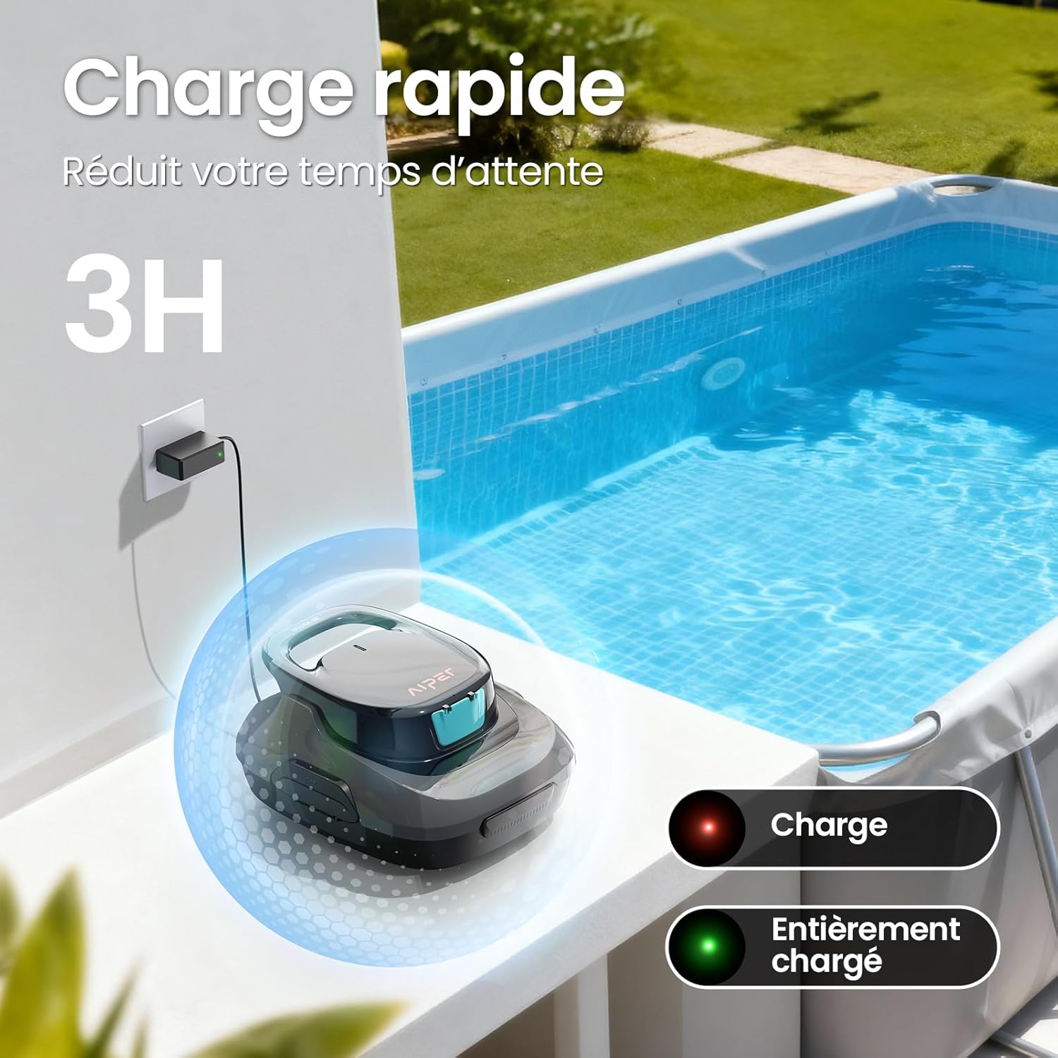 AIPER - Robot piscine sans fil - 80 m² - 90 min autonomie, aspire débris, auto-stationnement