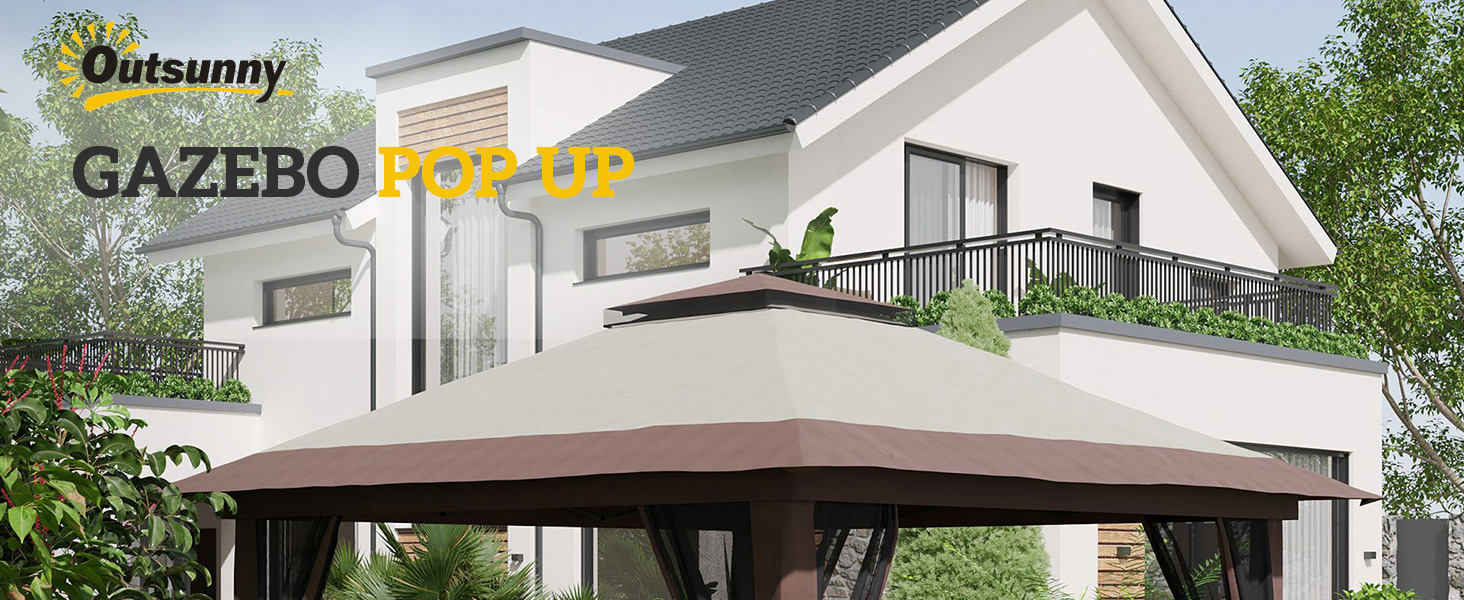 Grand belvédère autoportant avec auvent brun devant une maison blanche. Le texte « Outsunny GAZEBO POP-UP