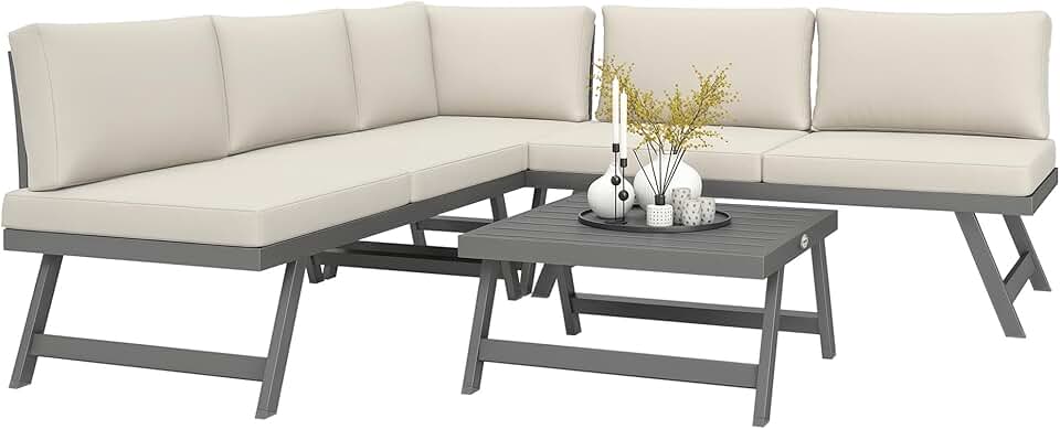 Outsunny - salon de jardin d'angle convertible 4 pcs - alu et acier, coussins, beige