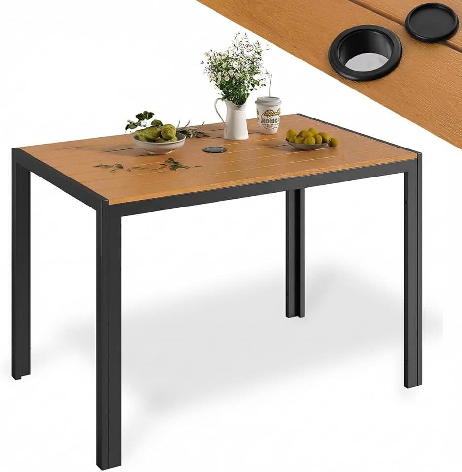 LIFERUN - Table de jardin 110x70cm - WPC, aluminium, trou parasol, brun teck