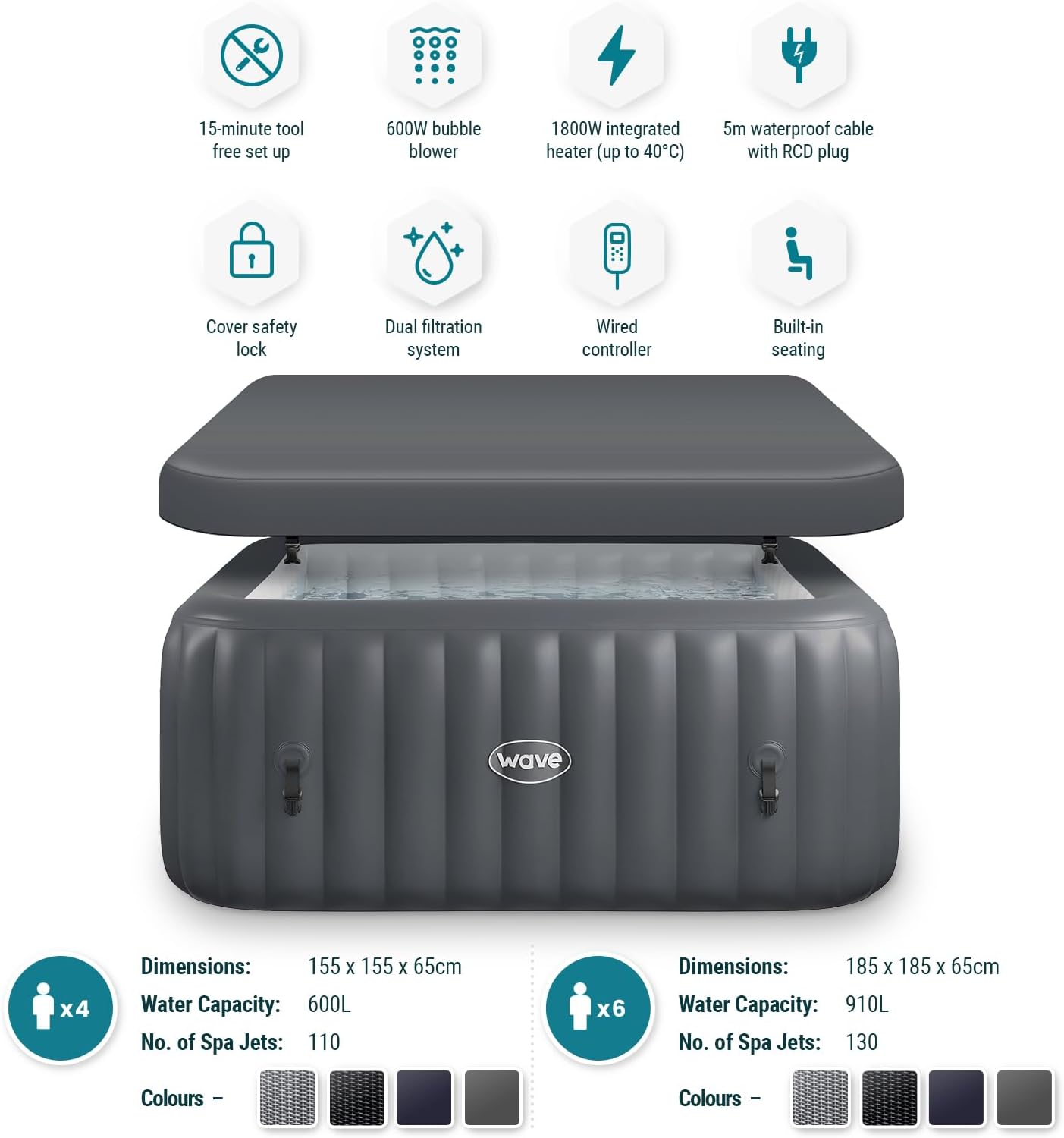 Spa Gonflable Wave | Chauffage écologique intégré | Système de Massage Aquajet | Protection antigel | Configuration Rapide en 15 Minutes (Pacific, Gris Foncé | 4 Personnes)