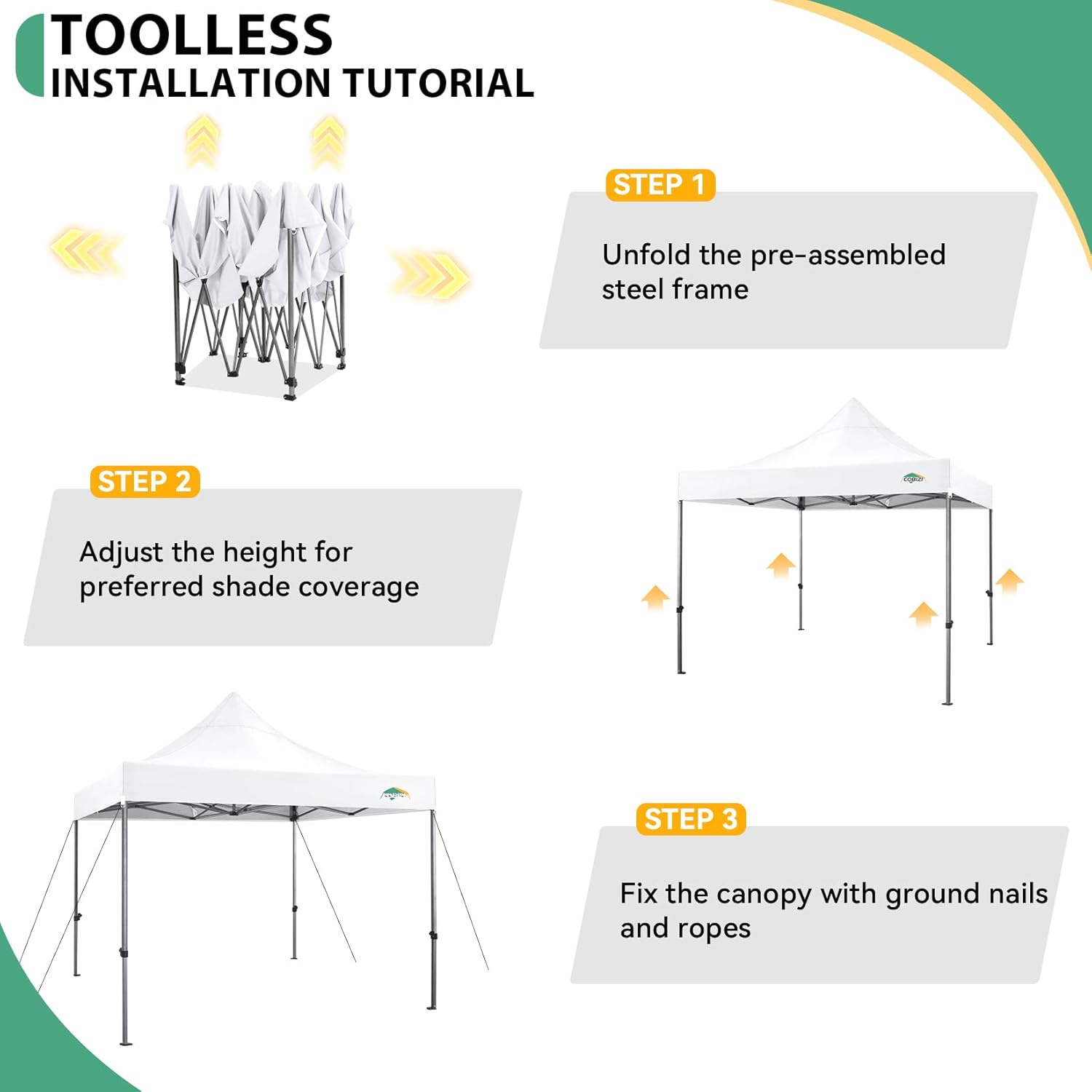 COBIZI - Tonnelle pliante série extérieure - 3x3m - étanche, stable, UV50+, 3 hauteurs, 4 panneaux, sacs de sable