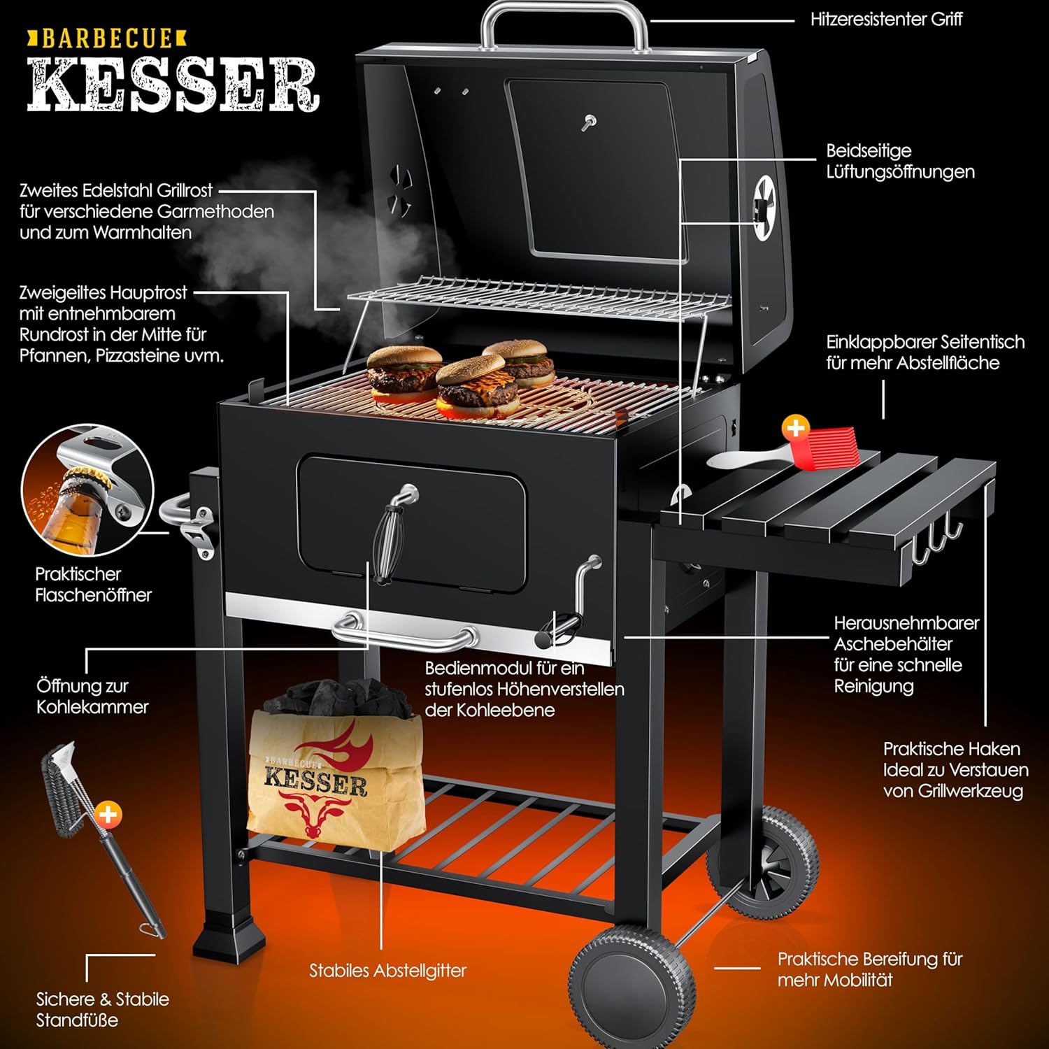 KESSER - Grill Chariot XL - barbecue charbon, couvercle, roues, thermomètre, accessoires