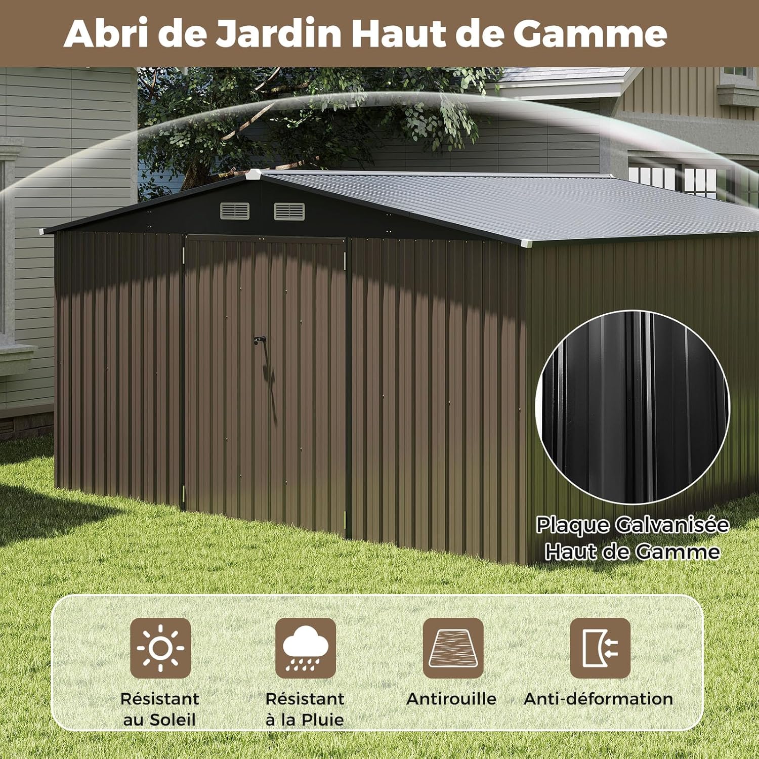 RELAX4LIFE - abri de jardin métal - 350x350x198cm - 2 portes, 12m², toit incliné, 25m³