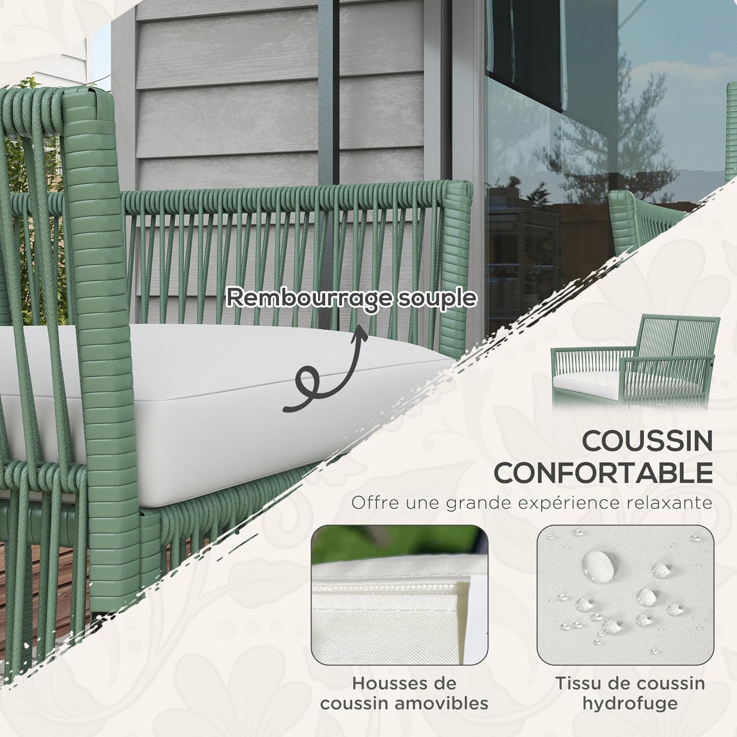 Outsunny - salon de jardin extérieur 4 pcs - métal, résine, coussins, vert, table basse verre