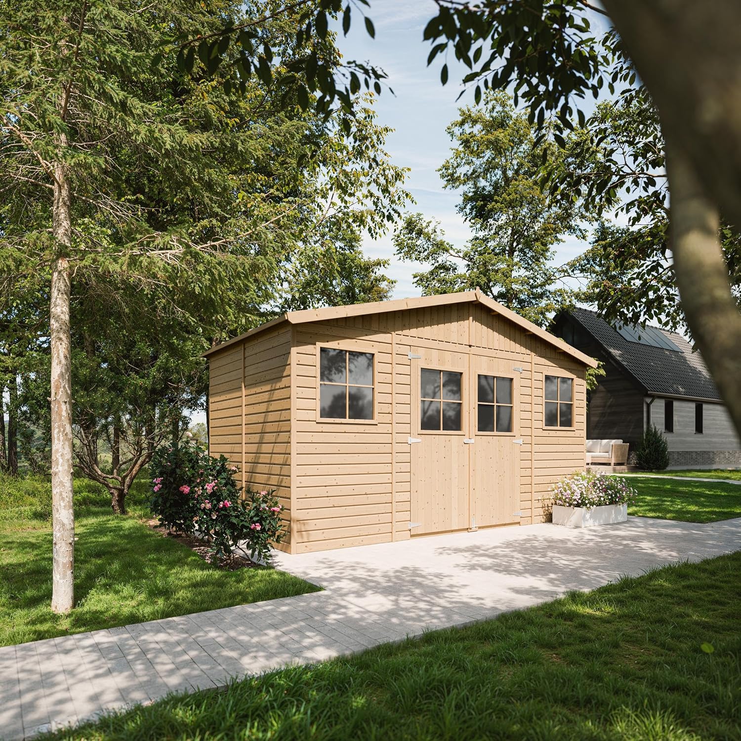 Timbela - abri de jardin bois série Plus - 8m² - plancher imprégné, rangement, panneaux - M332+M332G