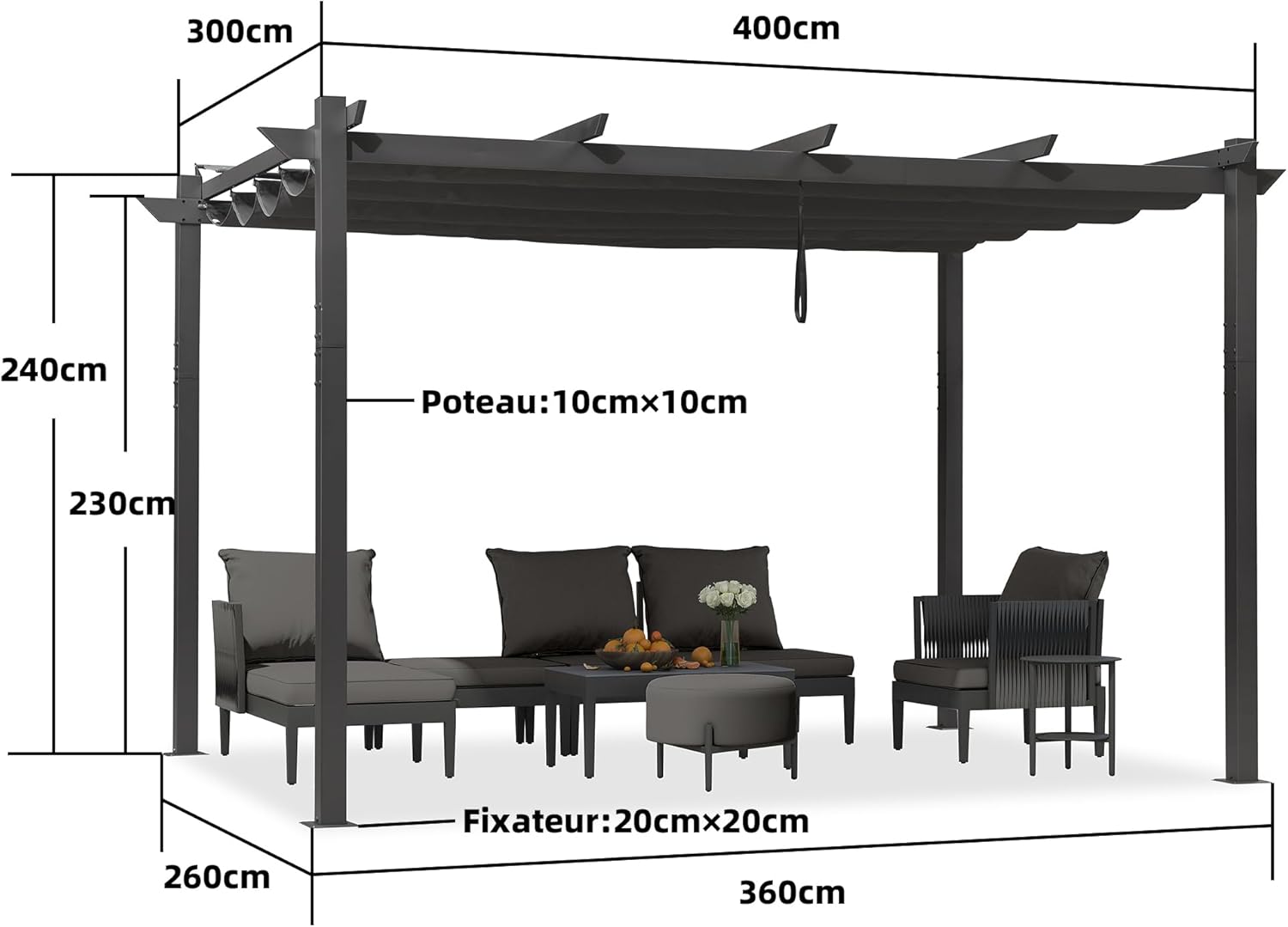 PURPLE LEAF – pergola aluminium – 4x3m – toit rétractable, éclairage intégré