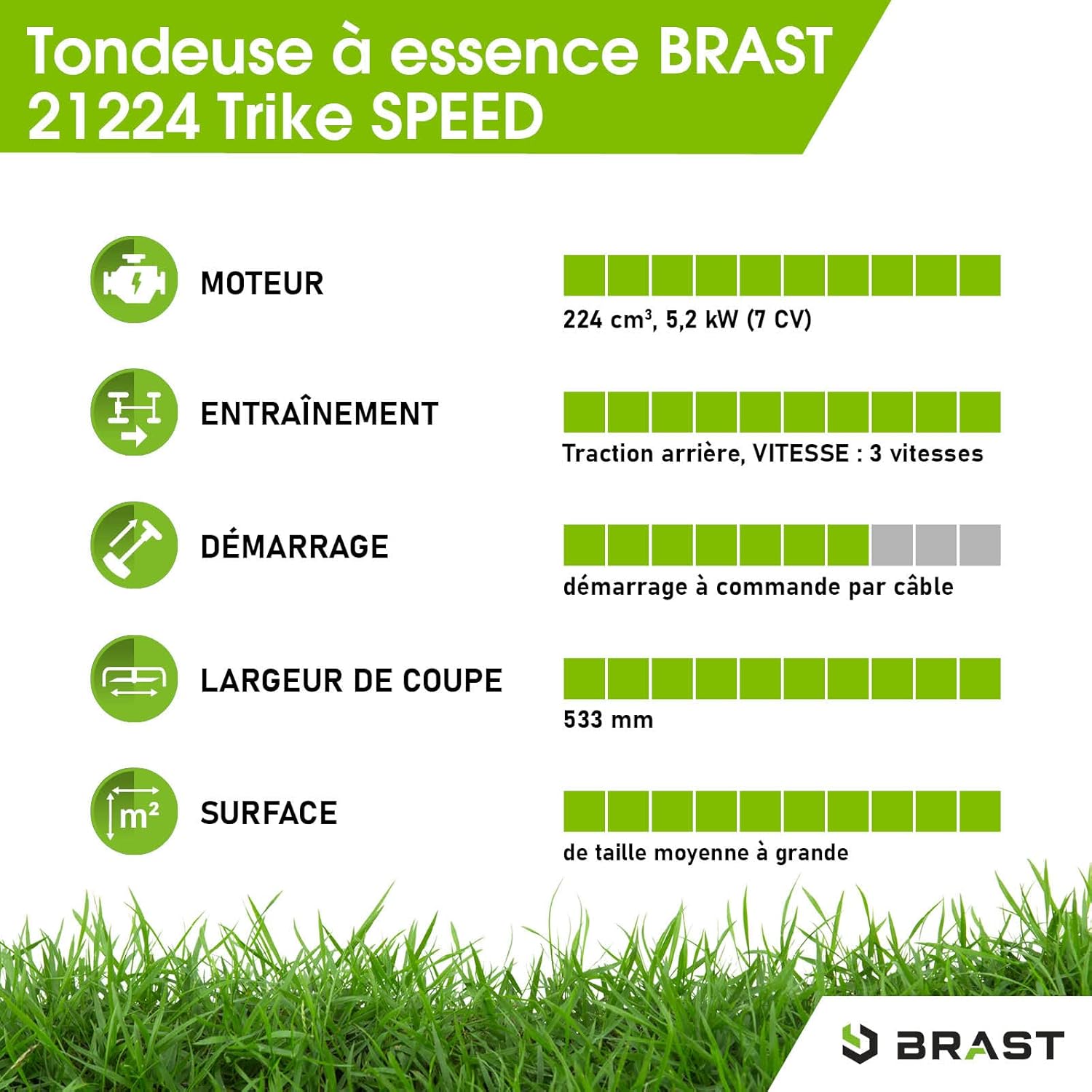 BRAST tondeuse thermique 3 roues TRIKE SPEED 224cc 53cm autotractée vitesse d'entraînement triple réglable mulching 4en1 capot en tôle en acier 60l - tondeuse tractée moteur 4 temps reglable