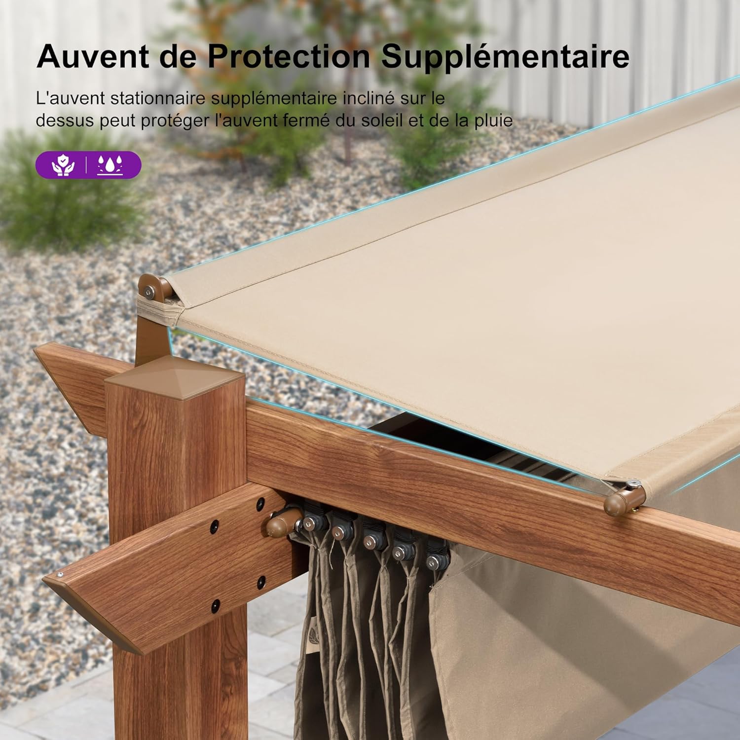 PURPLE LEAF - pergola aluminium - 3x3m - teck, toile rétractable, kaki