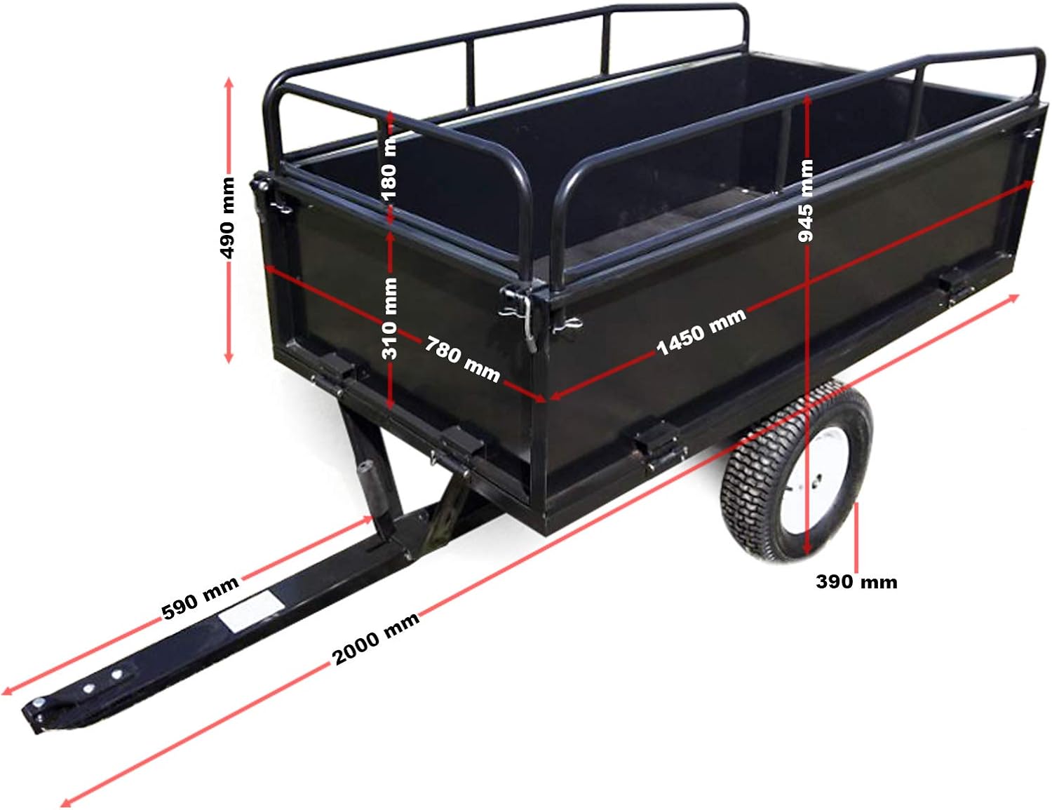 Wiltec Remorque basculante sur pneus – 200 x 78 x 94,5 cm – avec Main Courante et Parois Amovibles – Dispositif d’attelage Universel – Jardinage, Transport