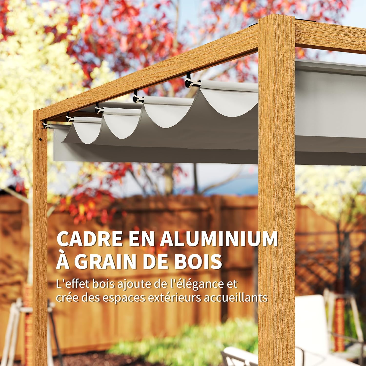 Outsunny - Pergola aluminium série bois naturel - 4x3m - toit rétractable, drainage intégré