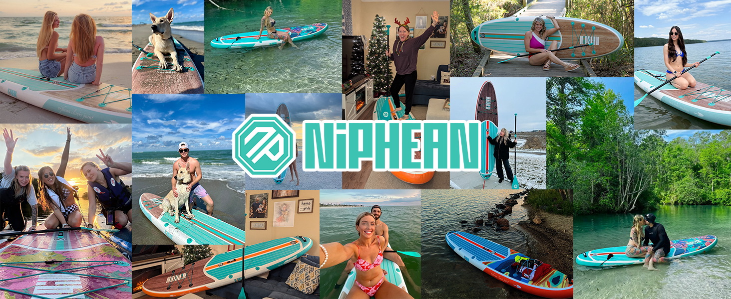 Le texte indique « NORPHEM » dans le logo circulaire turquoise. Collage de photos d'activités nautiques en plein air montrant diverses personnes nageant, plongeant, faisant du paddleboard et pratiquant des sports nautiques dans divers environnements naturels.