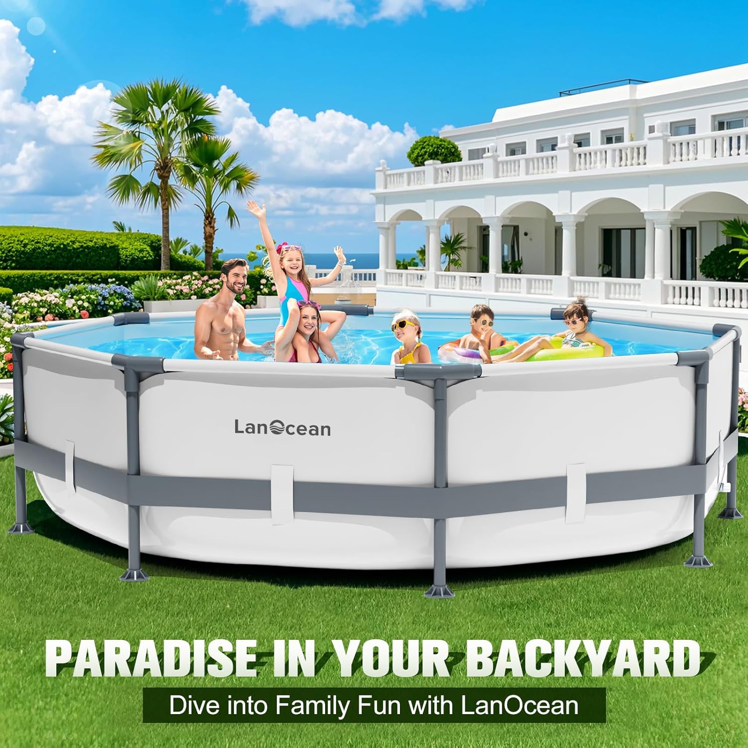 LanOcean Piscine Tubulaire Ronde 300x300x60cm, Piscine Hors Sol Ronde avec Matériau Anti-Crevaison, Grande Piscines Steel Frame Adulte Vidange Rapide, Piscines Tubulaire Jardin pour Toute la Famille