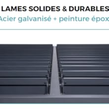 Le texte indique « LAMES SOLIDES & DURABLES » et « Acier galvanisé + peinture époxy ». Plusieurs lamelles ou stores horizontaux en métal gris foncé sont montrés en gros plan.