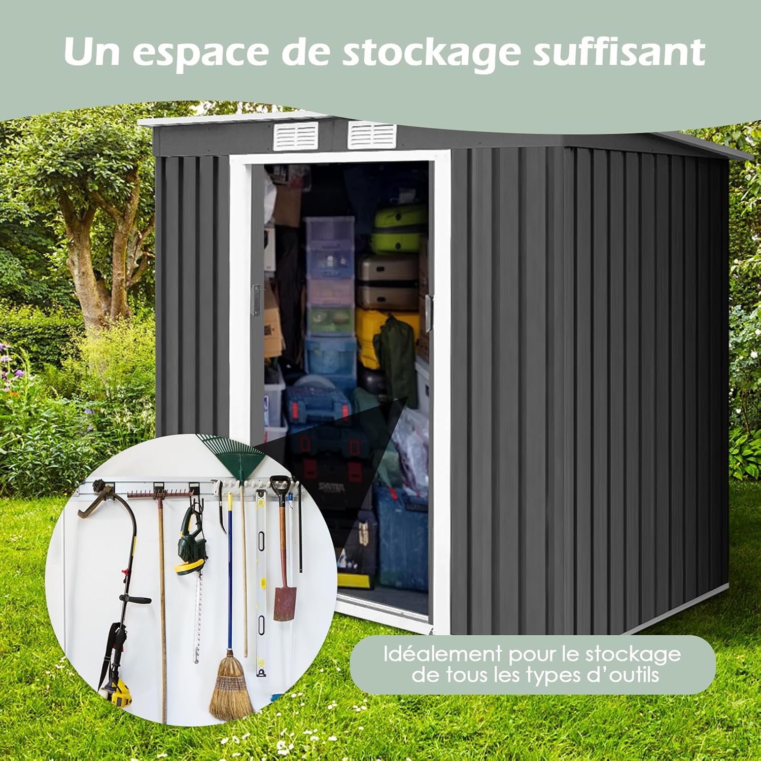 GOPLUS 2,37M² Abri de Jardin en Acier Galvanisé Résistant 4,1m³, 213x130x173CM, Cabane de Jardin Exterieur avec 2 Portes Coulissant, 2 Aérations, Toit Incliné, Rangement Outils pour Pelouse, Patio