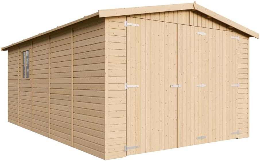 Garage de Jardin Bois Naturel - Abri de Jardin - Chalet en Pin/épicéa - H222x516x324 cm/15 m² - Construction de Panneaux- Rangement pour vélos, Remise à Outils -TIMBELA M101
