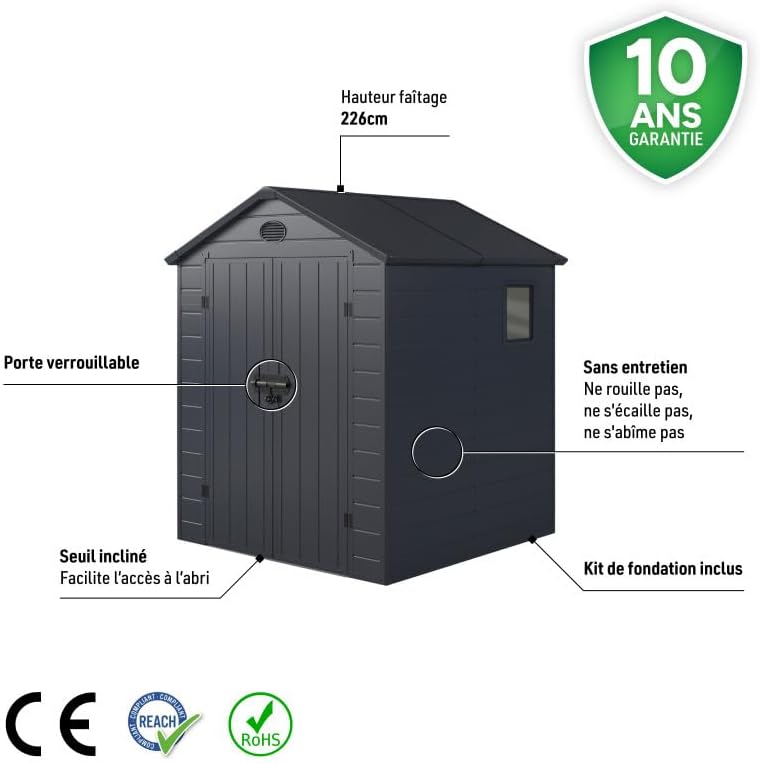 Jôbu - Abri de Jardin Résine série anthracite - 3,65m² - double porte, fenêtre, aération, structure acier, kit inclus