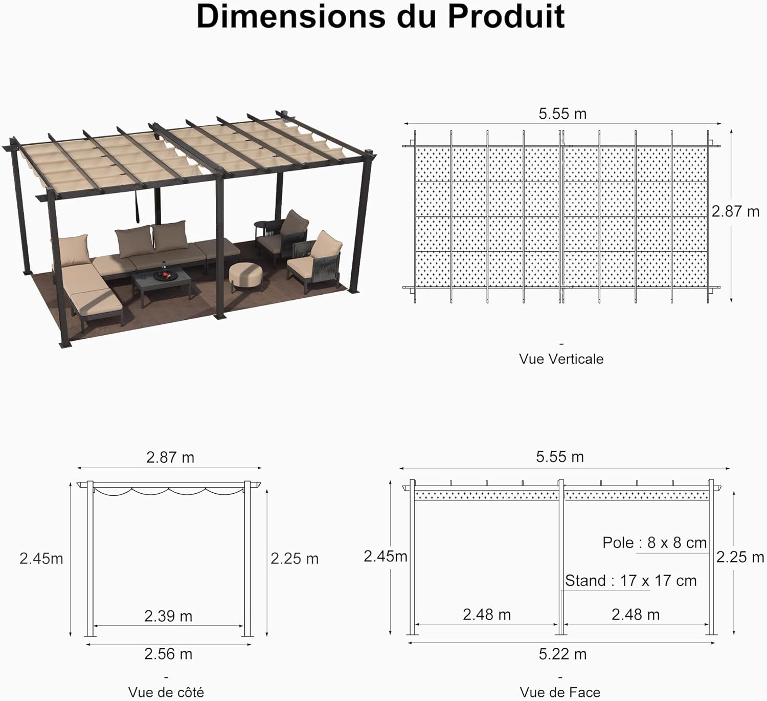 PURPLE LEAF - Pergola alu 5,5x3m, toit rétractable LED, kaki