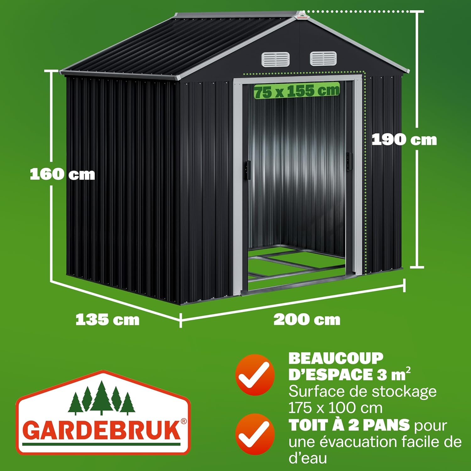 GARDEBRUK - abri de jardin XL 2m², 200x135x190cm, porte coulissante, anthracite