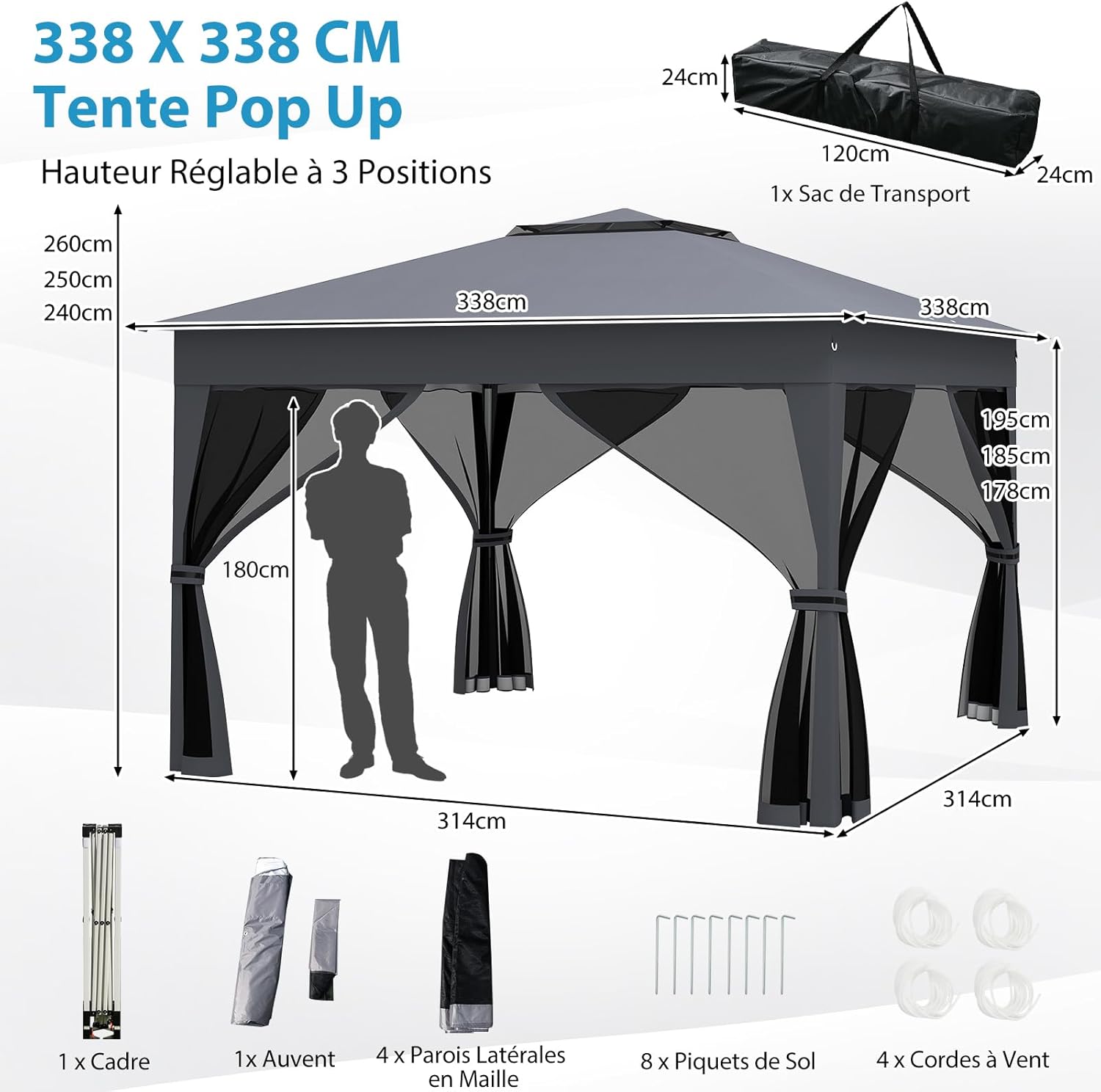 RELAX4LIFE - Tonnelle pliante série jardin - 3x3m - moustiquaires, toit ventilé, protection solaire