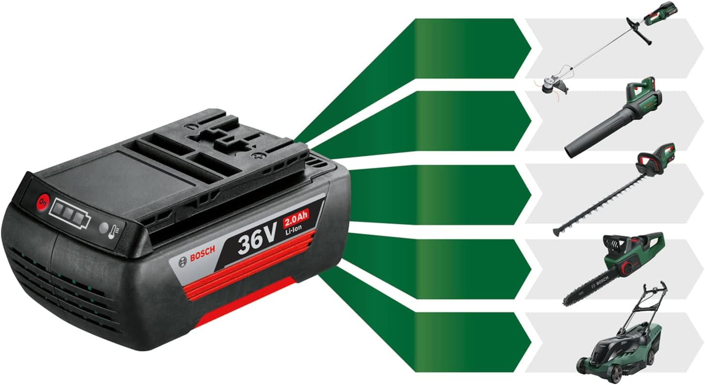 Bosch Tronçonneuse à chaîne sans fil - AdvancedChain 36V-35-40 (pour tronçonner le bois dur ; système 36V ; vitesse de chaîne : 14 m/s ; 1 batterie 2,0 Ah et chargeur)