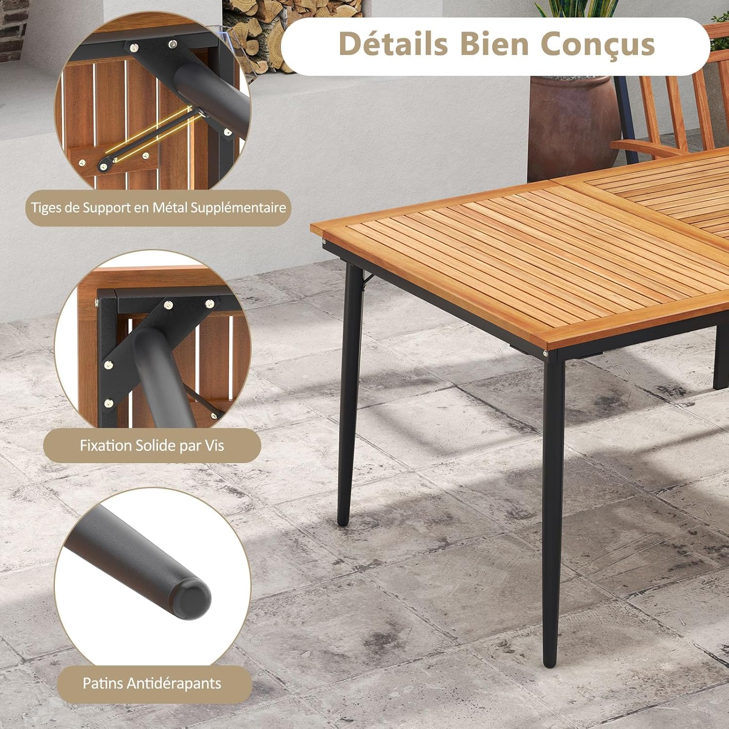 COSTWAY - Table de jardin en bois acacia 200cm, pieds métal, trou parasol