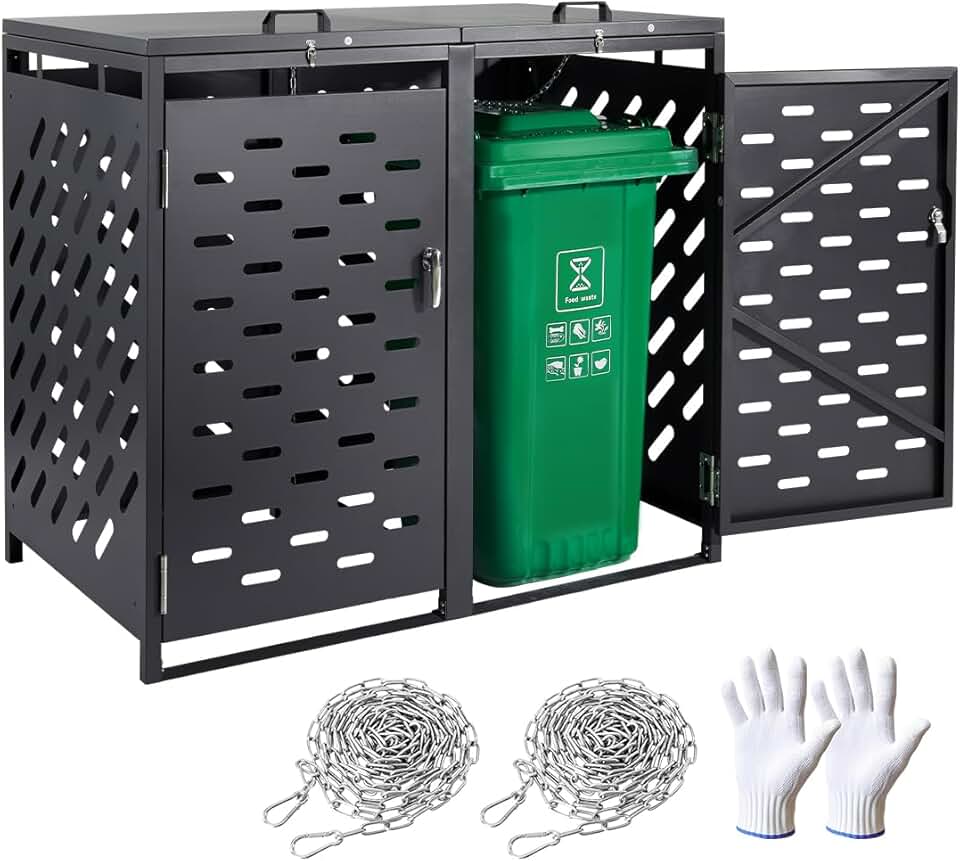 VEVOR Abri pour poubelles, 2 x 240 L, Rangement pour poubelles Horizontal, avec Couvercle à chaîne, boîte de Rangement à poubelles d'extérieur, étanche et verrouillable, pour Jardin, Cour et terrasse