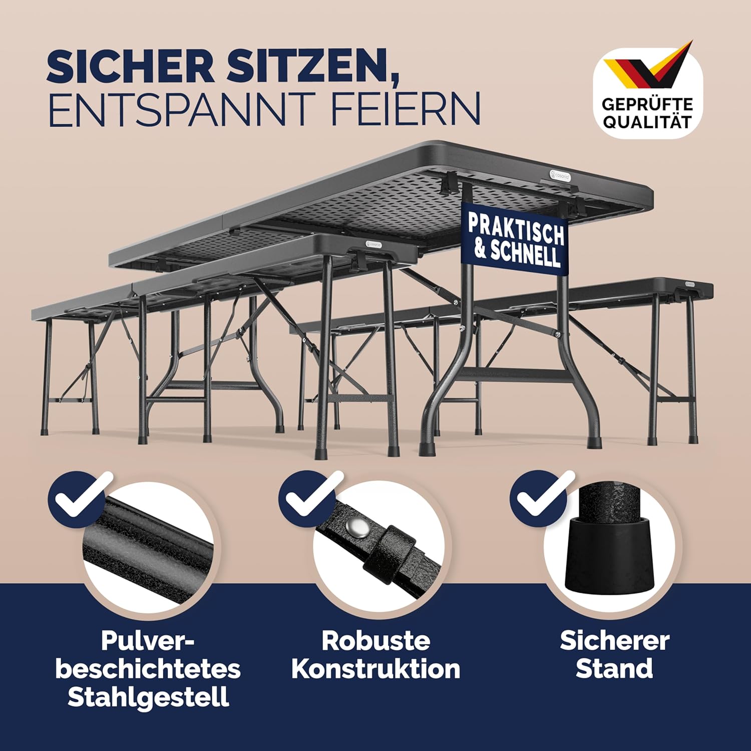 CASARIA - Ensemble table pliante série, 180 cm, 8 personnes terrasse