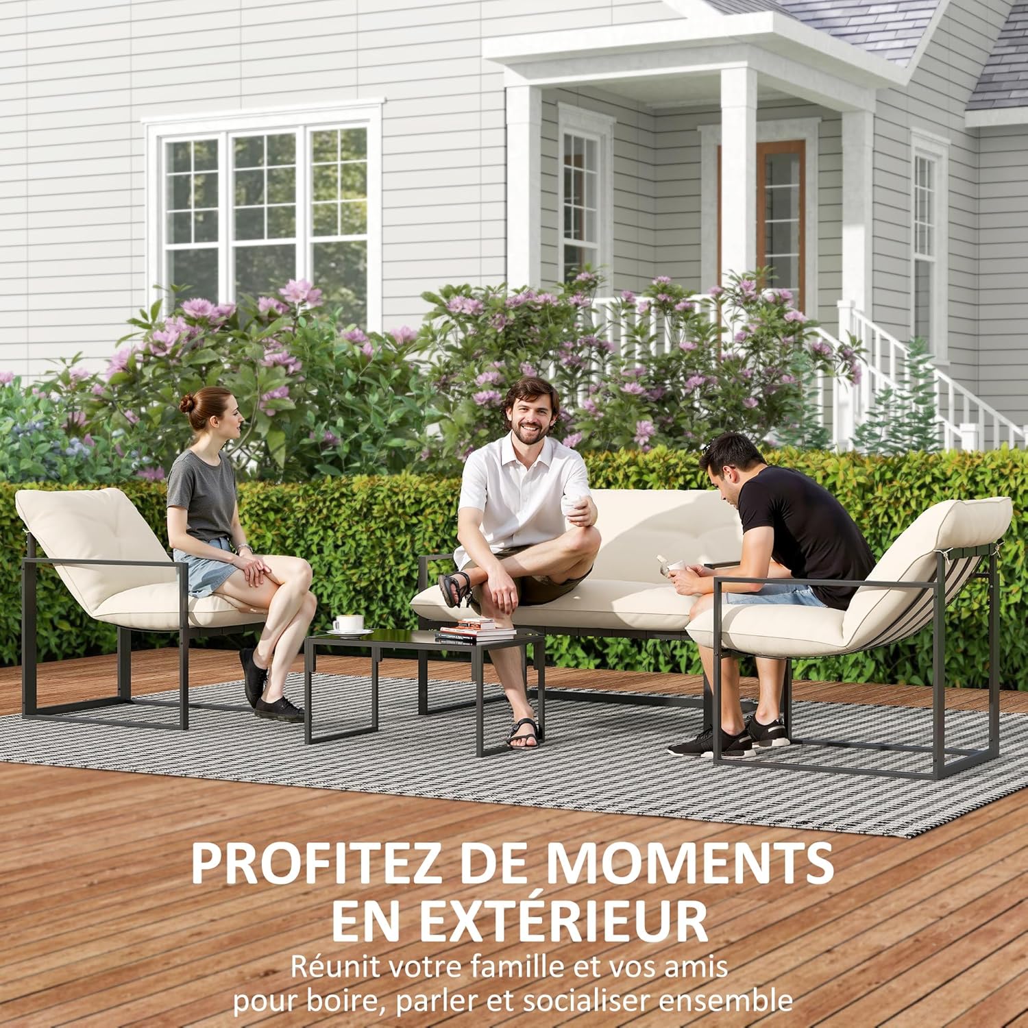 Outsunny - Salon de jardin 4p avec coussins 15cm - acier noir, canapé 2 places, table basse, fauteuils