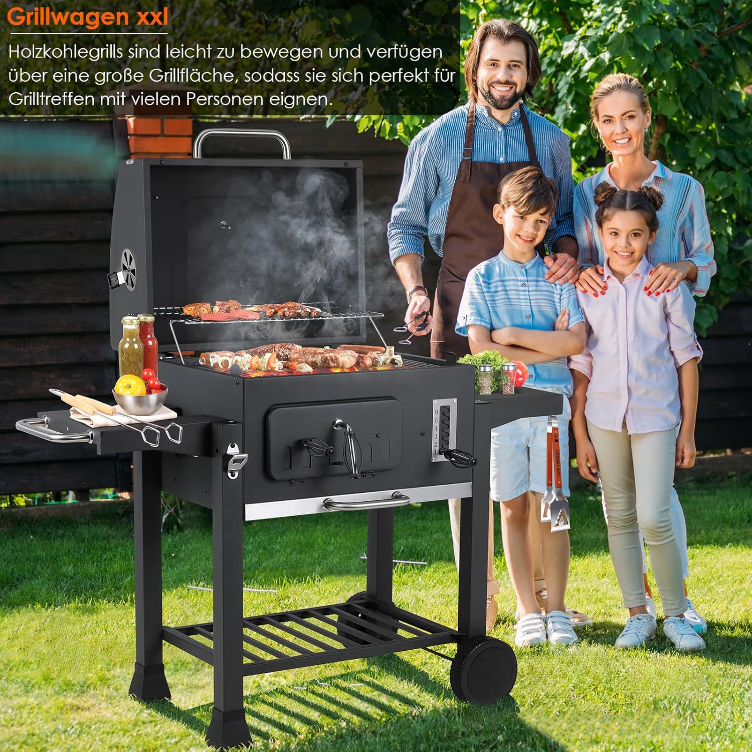 TLSUNNY - Barbecue XXL, charbon, couvercle, roues, thermomètre - TLSUNNY