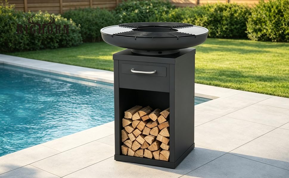 BIGHORN - Grand Brasero Plancha - Ø80x92 cm - Fer 42kg, plaques et grilles amovibles