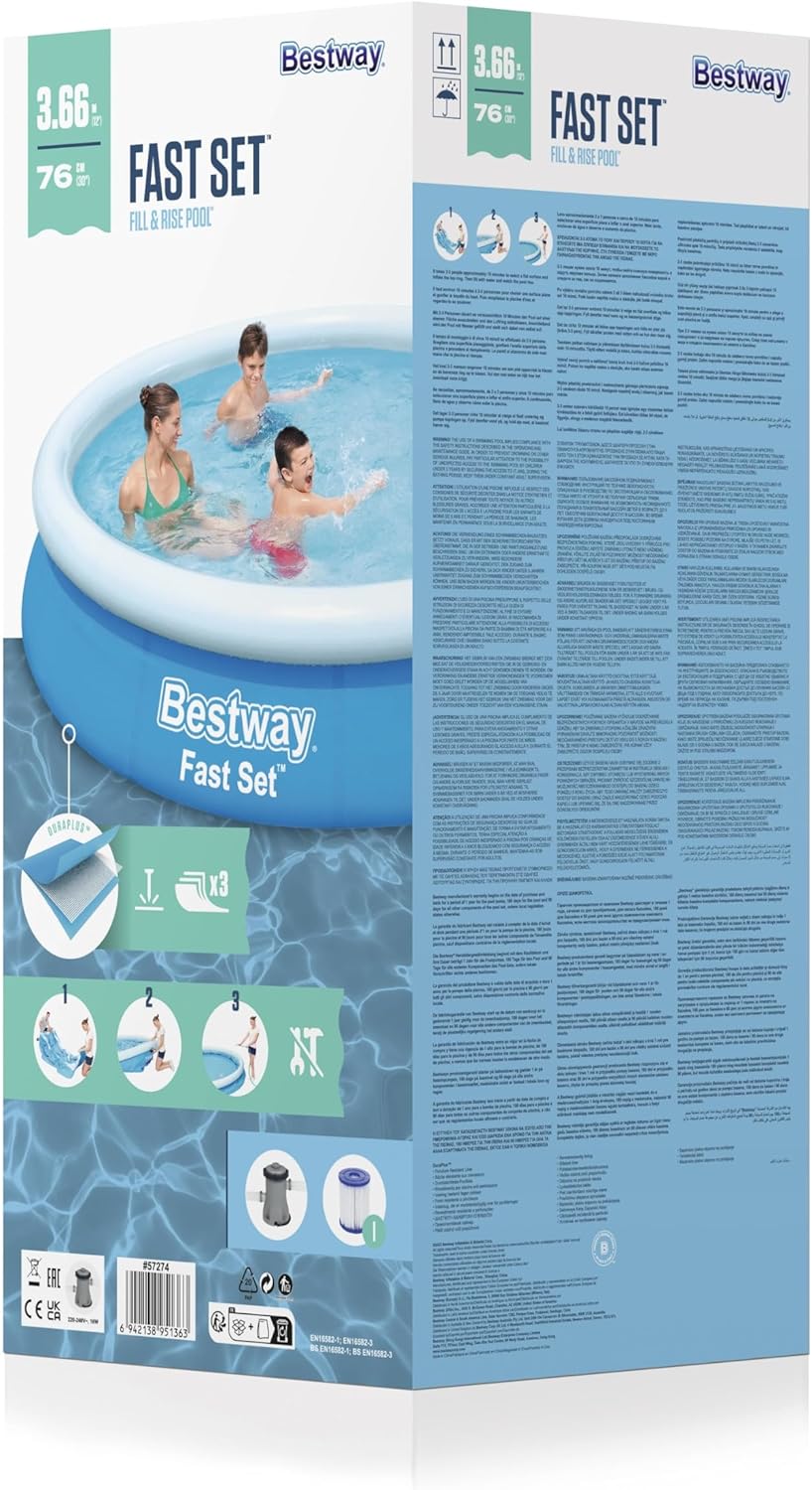 BESTWAY Piscine autoportante Ronde Fast Set 366 x 76 cm avec Filtration