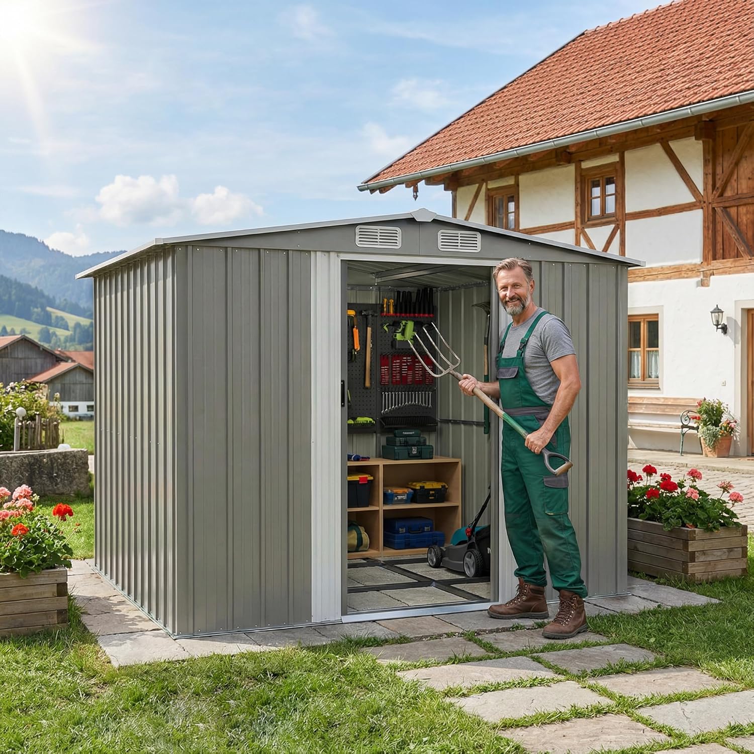Devoko - abri de jardin métallique - 8x6ft - toit penté, ventilation, gris