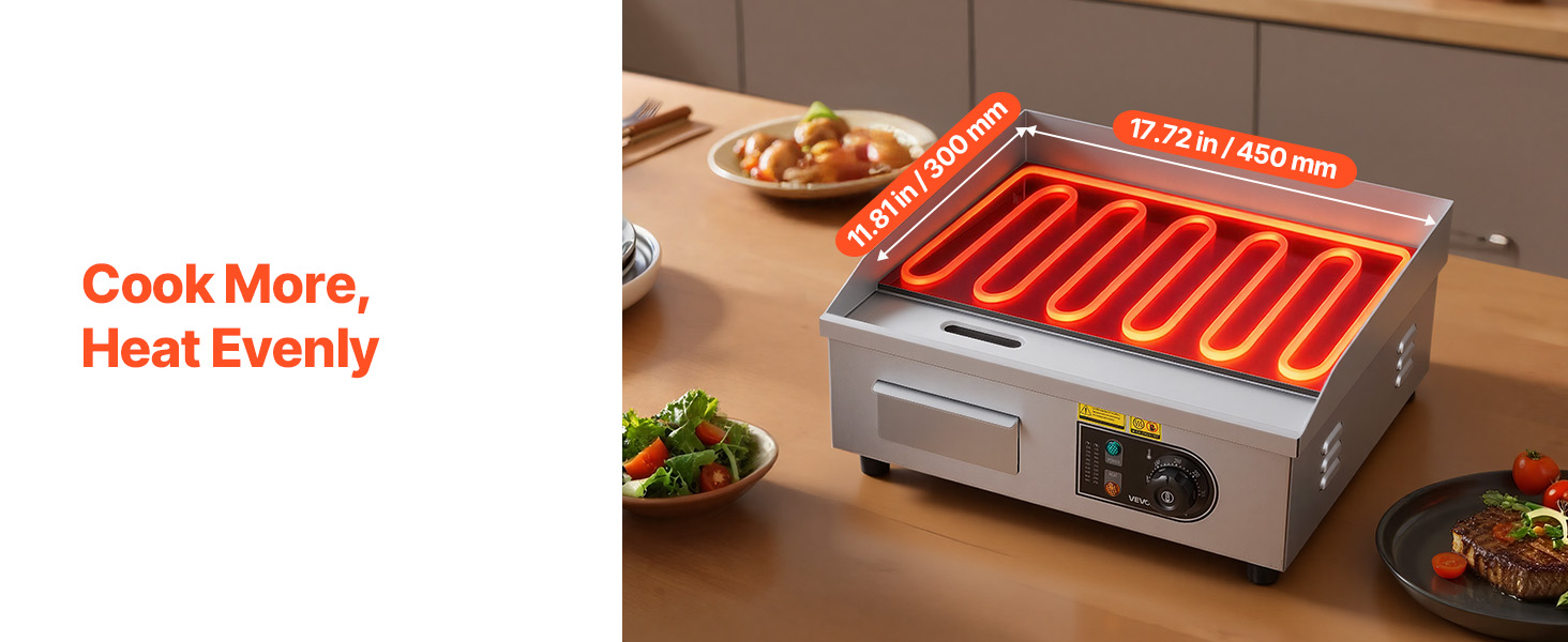 Le texte indique « Cuire plus » et « Réchauffer uniformément ». Image composite montrant un élément chauffant avec un motif rougeoyant et un ustensile de cuisine en céramique blanche en cours d'utilisation.