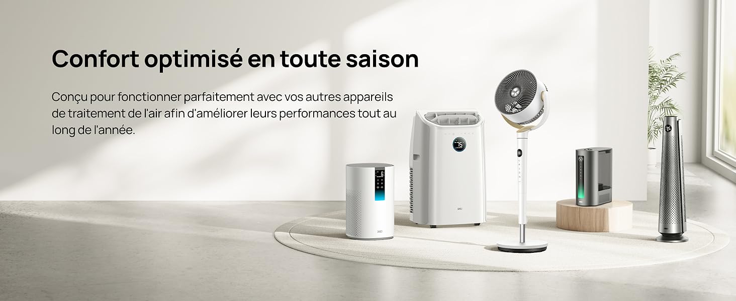 Texte : « Confort optimisé en toute saison ». Affichage d'appareils de climatisation domestique blancs, y compris des ventilateurs et des purificateurs d'air disposés sur une surface blanche.