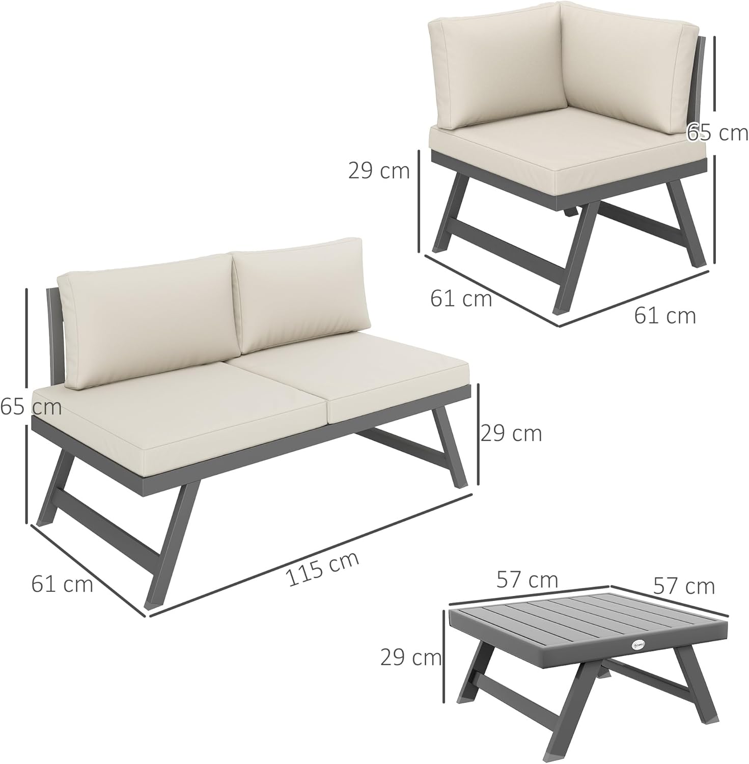 Outsunny - salon de jardin d'angle convertible 4 pcs - alu et acier, coussins, beige