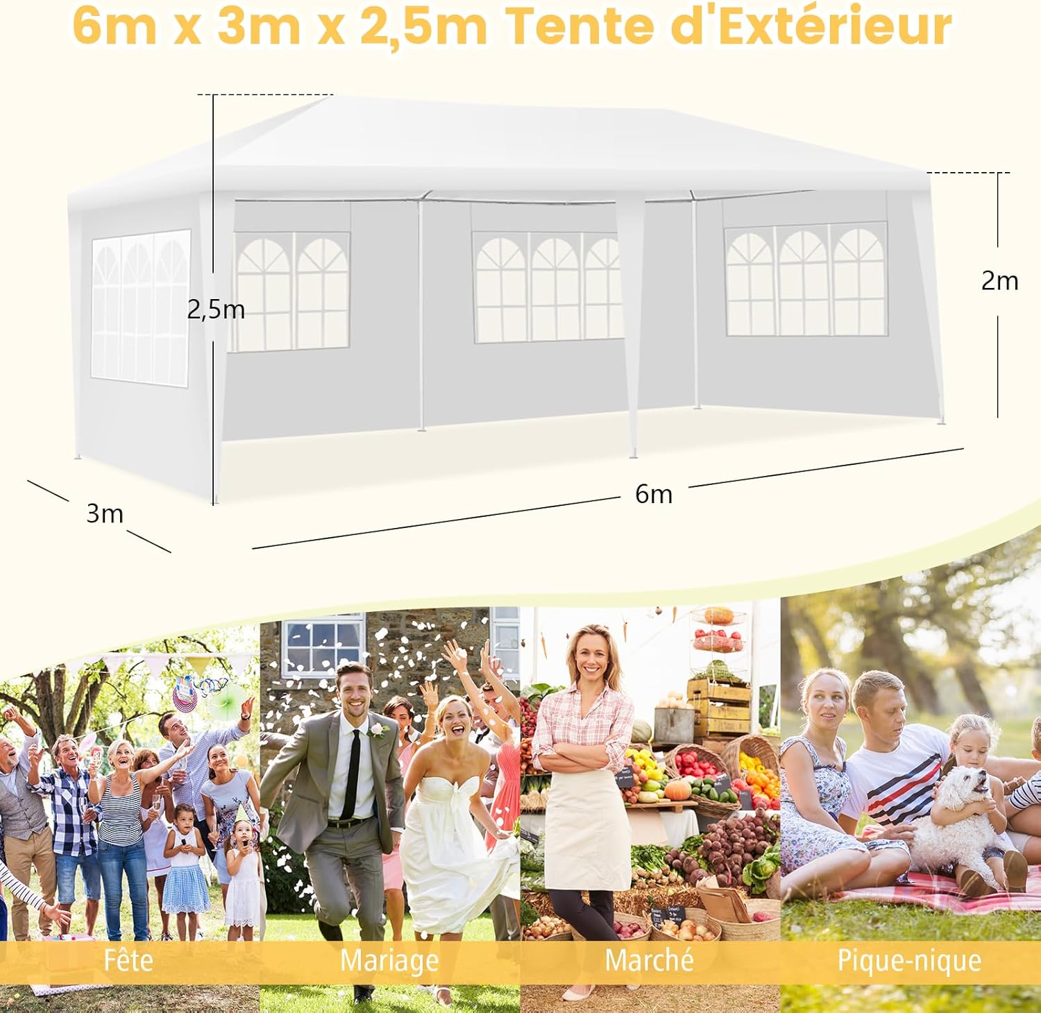 COSTWAY - tonnelle de jardin 3x6m, 4 parois amovibles, sac, blanc