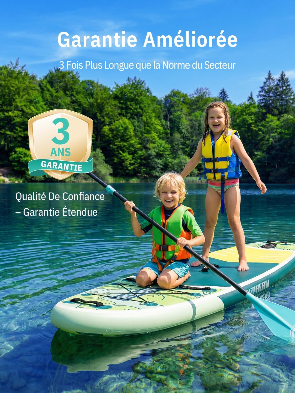 Niphean Extra Large Paddle Gonflable, Sup à 2+1 Personnes/Famille, Planches de Stand Up Paddle Gonflables avec (Idéal Débutant) Aileron Équilibré, Housse Étanche, Paddle Gonflable Adulte, Cadeaux