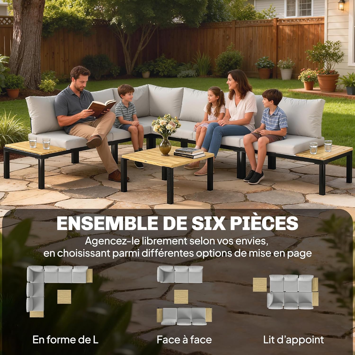 Outsunny - ensemble salon jardin modulable 6 pièces - convertible en lit, table basse intégrée, gris anthracite