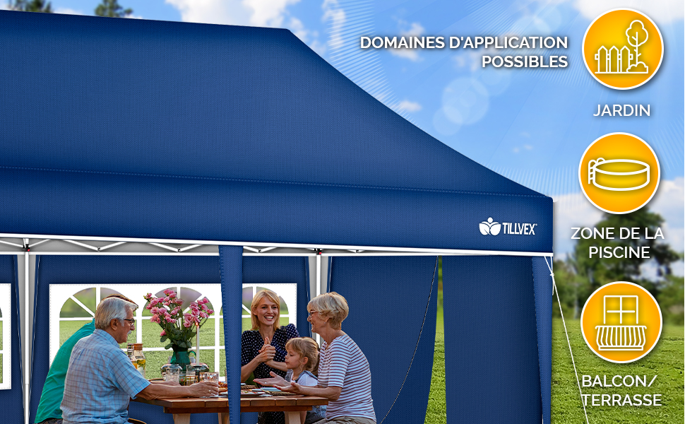 avec des personnes assises à l'intérieur. Trois icônes indiquent les utilisations possibles : jardin, piscine et balcon/terrasse. Le texte en français décrit les domaines d'application.
