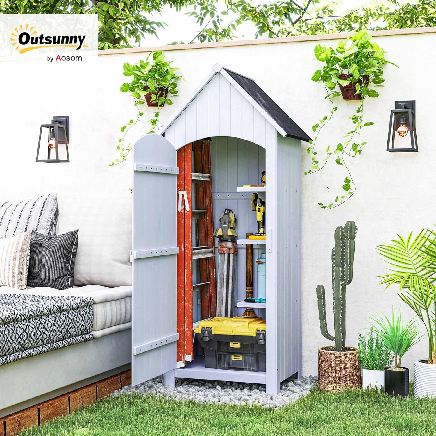 Outsunny Abri de Jardin en Bois cabane de Jardin Exterieur Armoire de Jardin avec Toit bitumé 3 étagères Porte avec loquet Rangement et Stockage extérieurs pour terrasse 77,5 x 54,2 x 179,5 cm Blanc